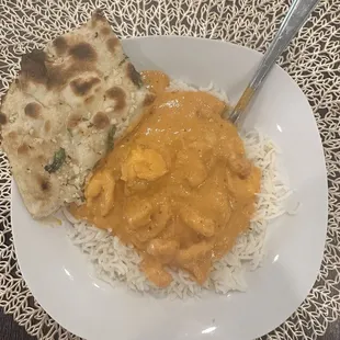Shrimp Curry with Garlic Naan and Basmati Rice