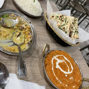 Chicken Tikka Marsala, Garlic Naan, Basmati Rice and a devoured tray of what was once Tikki Chaat