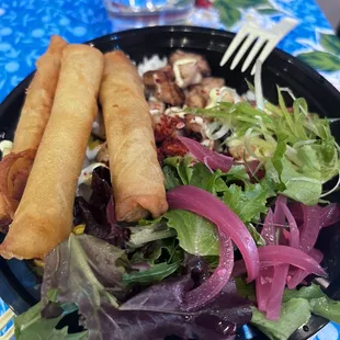 Grilled chicken Sisig with lumpia. Kewpie and salad