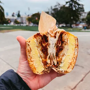 Egg and Latke Sandwich with cheese and bacon