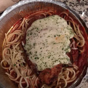 Chicken Parmesan with spaghetti