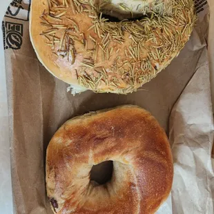 Rosemary bagel and cranberry cinnamon bagel