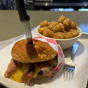 Child&apos;s Play Burger (PBJ Burger) Tater tots