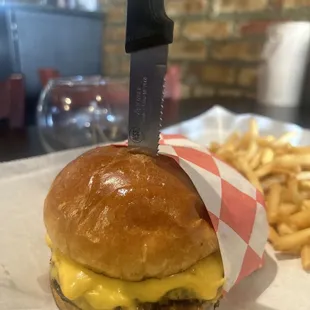 Cheese Build Your Own! Delectable REAL burger  meat, cooked to perfection. Amazing bun! Side of fries! Cheddar cheese, mayo, ketchup only.