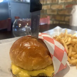 Cheese Build Your Own! Delectable REAL burger  meat, cooked to perfection. Amazing bun! Side of fries! Cheddar cheese, mayo, ketchup only.