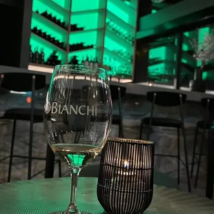 a glass of wine and a candle