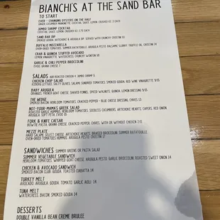 Sand Bar Menu