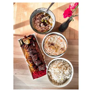 a variety of foods on a wooden table