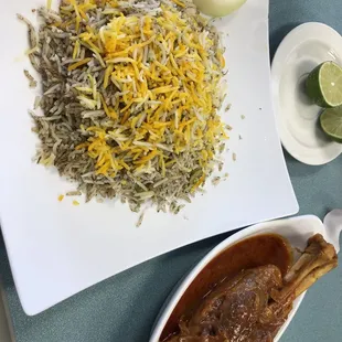 Rice and lamb shank.