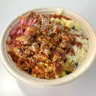 Custom Spicy Chicken Bowl on Super Greens and Purple Rice with Gochujang Sauce - Mmm!