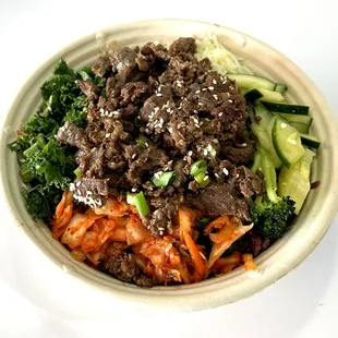 Korean BBQ Beef Bowl with Kimchi, Kale, Cucumbers, Broccoli and More