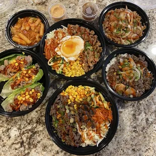 Tteokbokki, pork bibim, pork &amp; beef rice bowl, beef bibim, &amp; chicken ssam