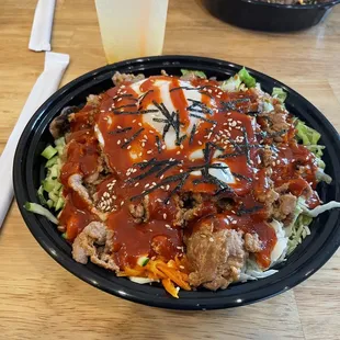 Spicy pork bowl with gojujang sauce.