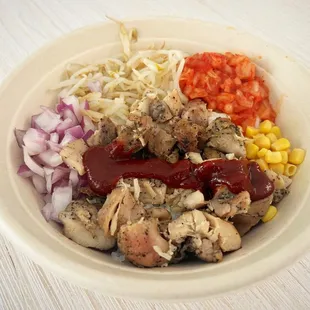 Bowl w chicken, bean sprouts, kim chee, onions, &amp; corn