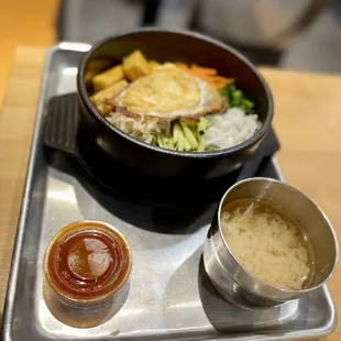 Hot stone bibimbap with tofu and gochujang, side of miso soup.