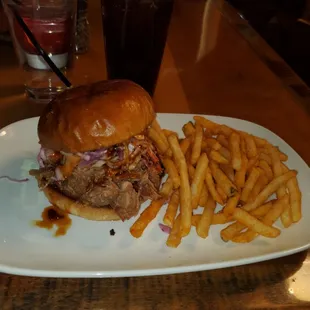 Korean pulled pork sandwich with fries