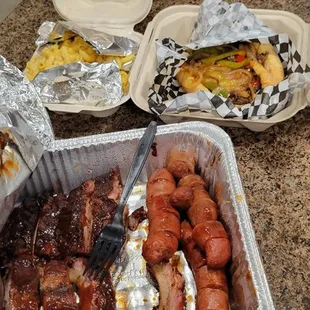 Wagyu sandwich,  ribs and link and Mac and Cheese.