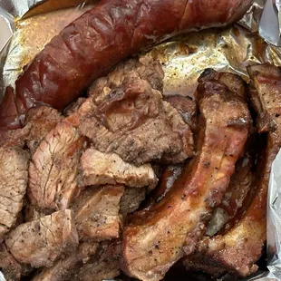 Kielbasa, baby back, tri-tip.