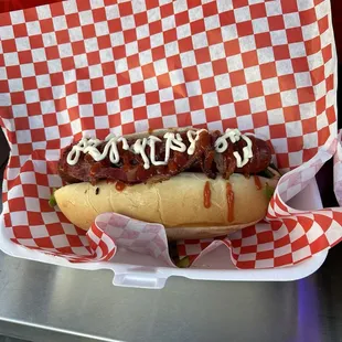 Beef bacon-wrapped hotdog. 10/10