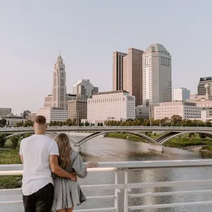 couple taking in the downtown columbus skyline