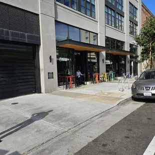 The outside with plenty of bicycle places to lock up.