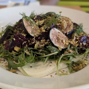 Salad special with roasted beets, pistachios, mizuna, mission figs, and teleme cheese