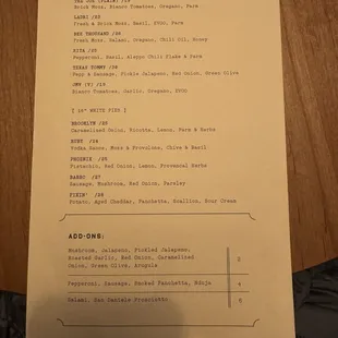 Pizza menu