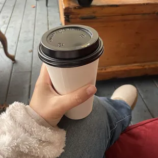 Enjoying a dirty chai on the porch