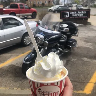 a hand holding a cup of ice cream