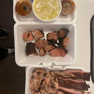 Ribs, slaw, burnt ends, pulled pork, and sauce.