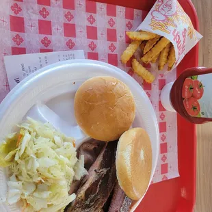 2 meat dinner!  Beef brisket and ribs.  Fries and cole slaw! Very tasty!