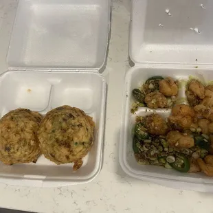 Combination Egg Foo Young (left) and Salt &amp; Pepper Shrimp