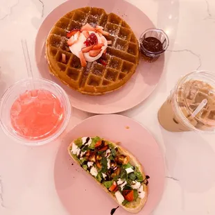 Caprese toast, kids waffle, pink lemonade and iced vanilla latte