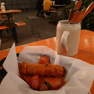 Currywurst with fingerling potatoes is bomb