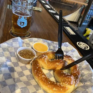 Beer and pretzel.