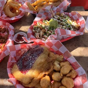 Montecristo, fried mushrooms, onion rings, loaded, nacho fries, fried pickles, french fries cheese bites