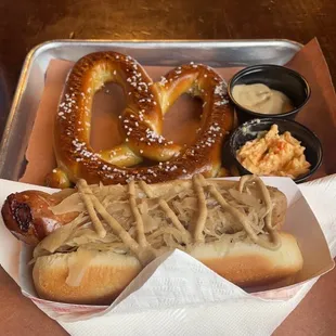 Brats and pretzel. The cheese and mustard were awesome. The brat was delish. I love sauerkraut so I would have liked more