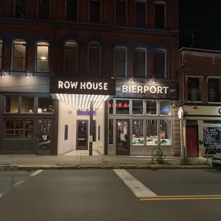 a row house at night