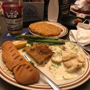 Wiener schnitzel German potatoes and asparagus.