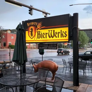 a bierwerks sign and outdoor seating
