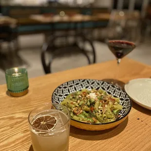 Pesto pasta and lavender &amp; rose cocktail