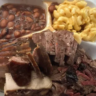 3 Meat Plate ( Homemade Beef Sausage,  Chicken Breast,  Slice Beef Brisket)  Smoked Beans and  Mac and Cheese