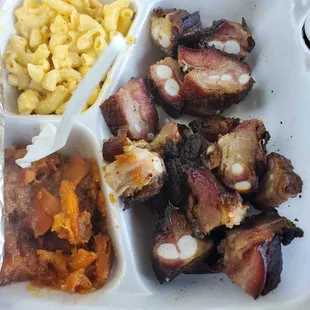 Pork Rib Tips Plate with Candied Yams and Mac and Cheese