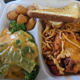 Cheesy Broccoli, corn nuggets, Baked Speghetti