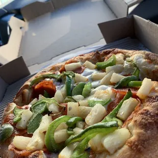 Small Veggie pizza with pepperoni and thick crust! Extra tomato sauce.