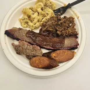 Brisket, chopped brisket, Mac and cheese, cheddar jalapeno sausage