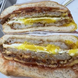 Bodega sandwich, cut in half