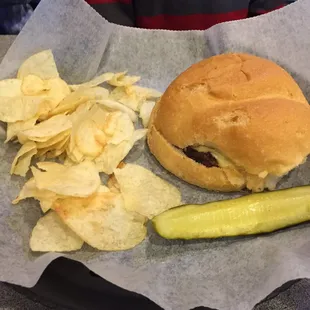 Cheeseburger with Chips and Pickle Spear as the side