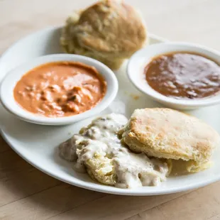 a plate of biscuits and sauces
