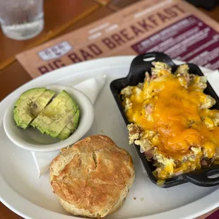 Breakfast Skillet with Side of Avocado and Biscuit